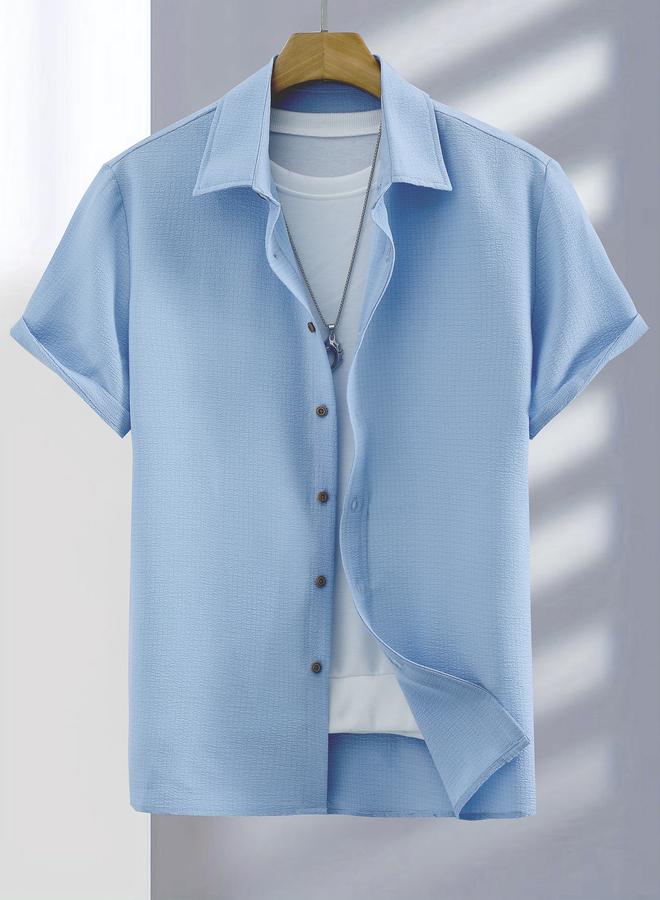 Take Two Men Light Blue Textured Short Sleeve Shirt - Image 1